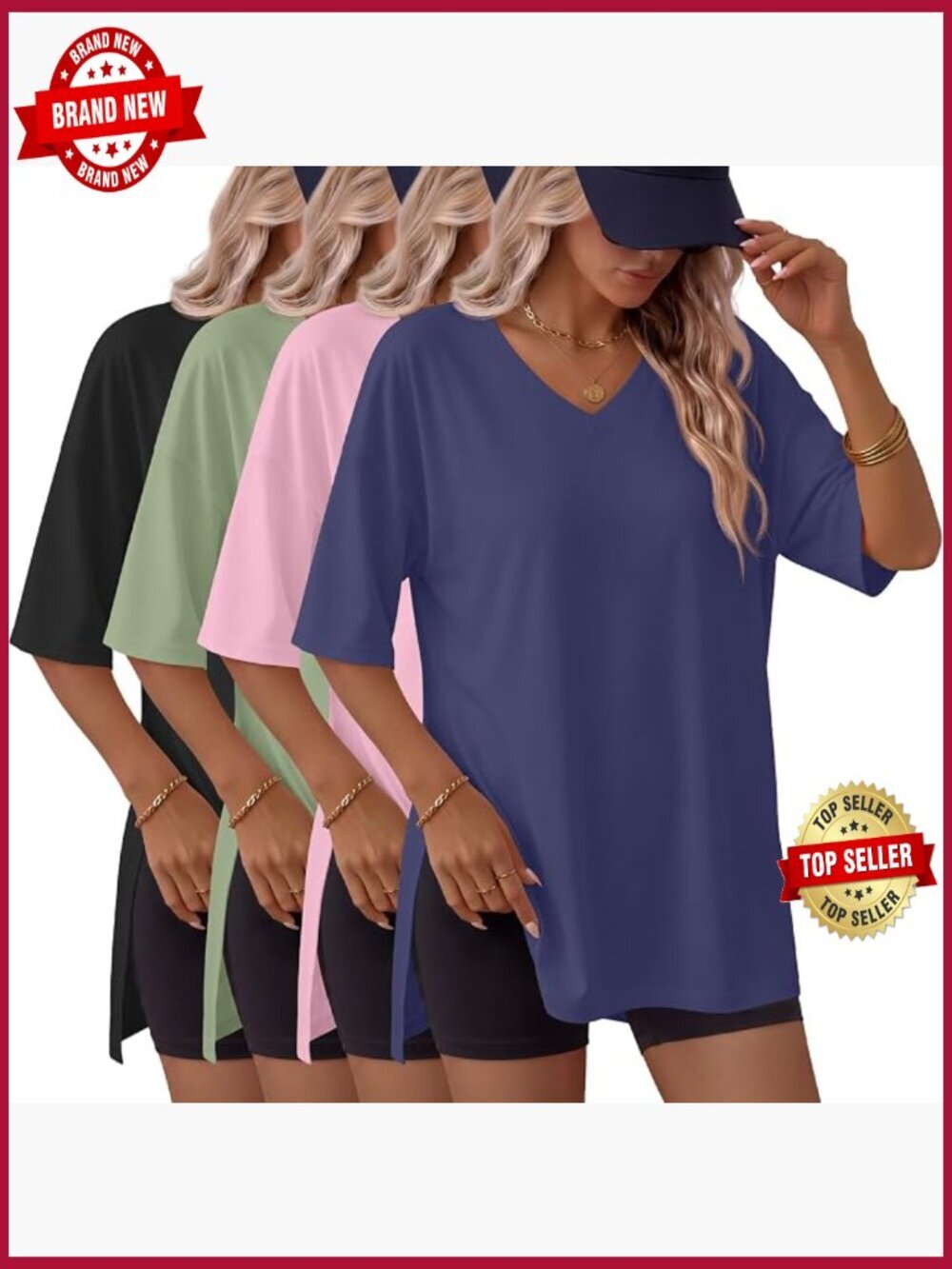 4 Pack Oversized V Neck Tunic Tees Workout Tops Side Slit Short Sleeve Shirts